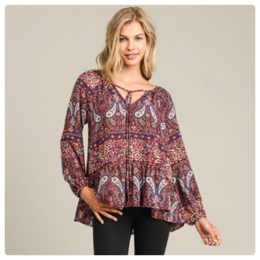 Wine Paisley Peplum Top